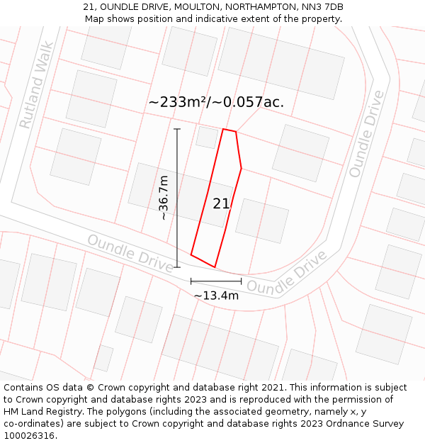 21, OUNDLE DRIVE, MOULTON, NORTHAMPTON, NN3 7DB: Plot and title map