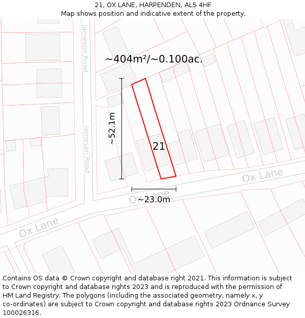 21, OX LANE, HARPENDEN, AL5 4HF: Plot and title map