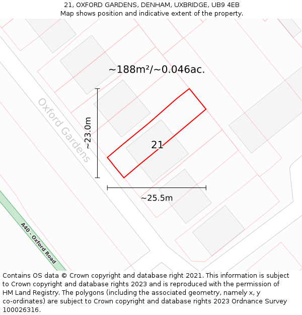 21, OXFORD GARDENS, DENHAM, UXBRIDGE, UB9 4EB: Plot and title map