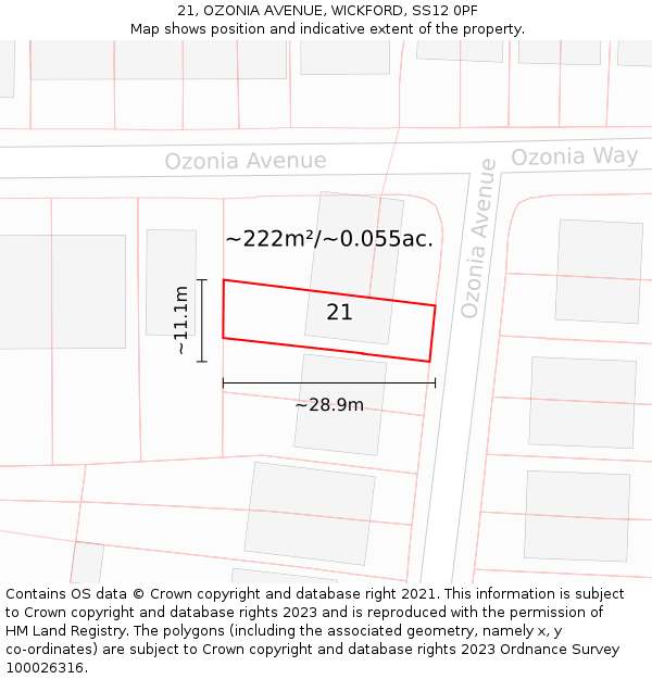 21, OZONIA AVENUE, WICKFORD, SS12 0PF: Plot and title map