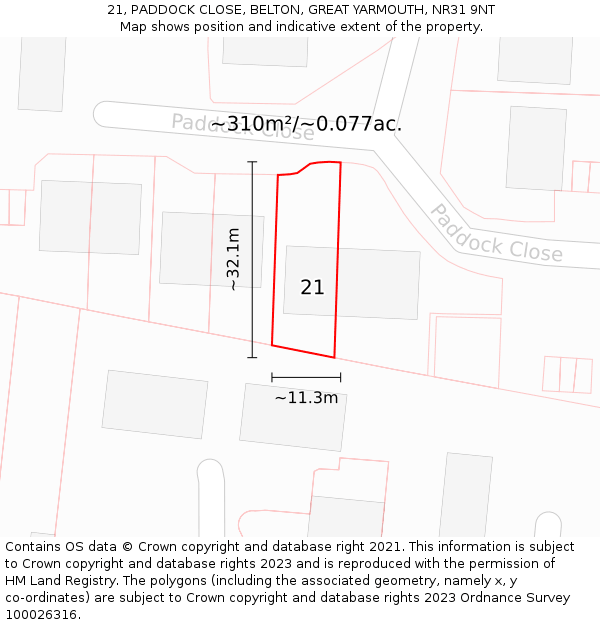 21, PADDOCK CLOSE, BELTON, GREAT YARMOUTH, NR31 9NT: Plot and title map