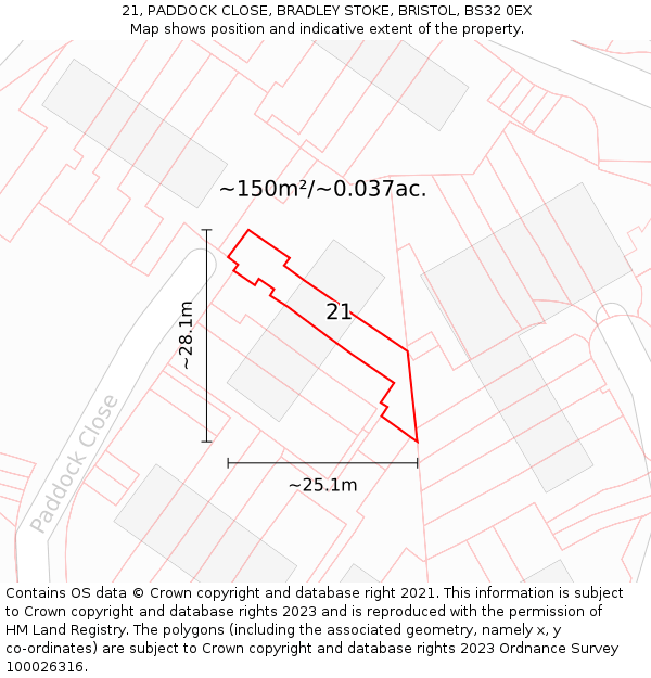 21, PADDOCK CLOSE, BRADLEY STOKE, BRISTOL, BS32 0EX: Plot and title map