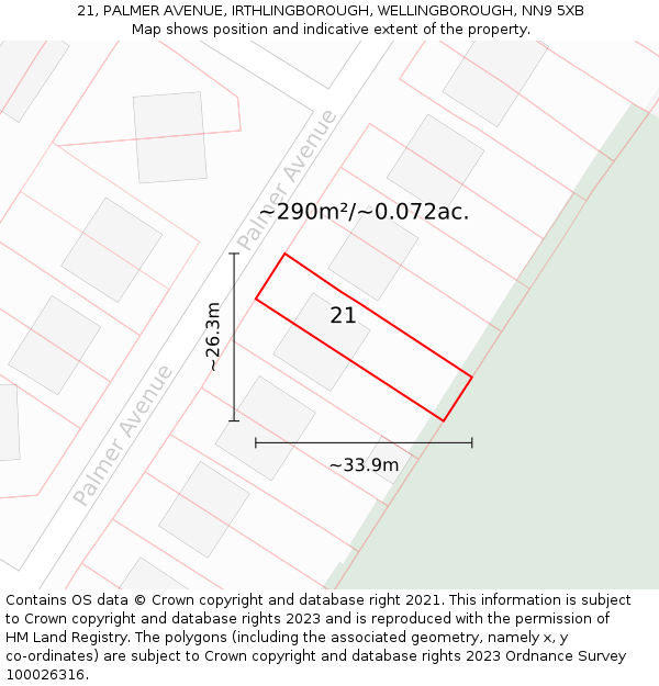 21, PALMER AVENUE, IRTHLINGBOROUGH, WELLINGBOROUGH, NN9 5XB: Plot and title map