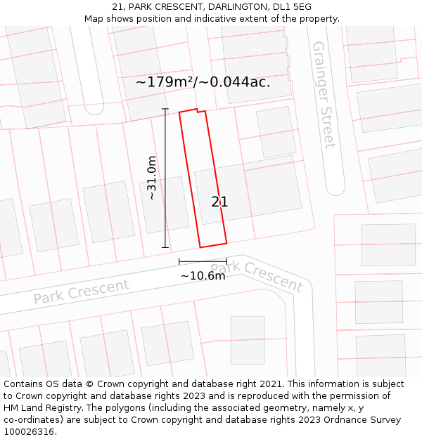 21, PARK CRESCENT, DARLINGTON, DL1 5EG: Plot and title map