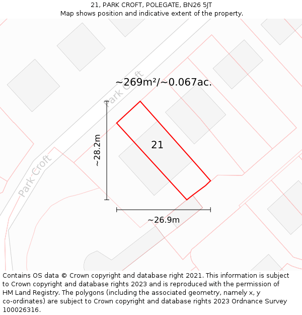 21, PARK CROFT, POLEGATE, BN26 5JT: Plot and title map