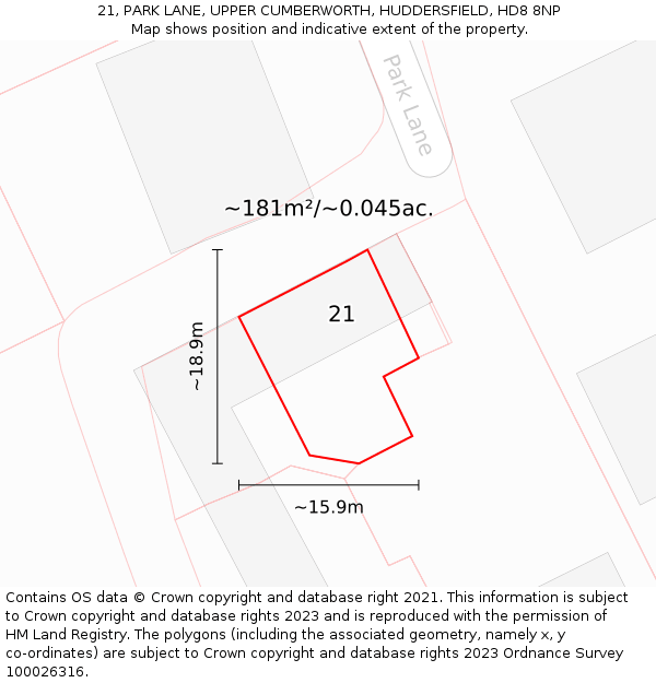 21, PARK LANE, UPPER CUMBERWORTH, HUDDERSFIELD, HD8 8NP: Plot and title map