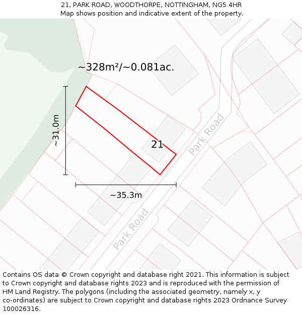 21, PARK ROAD, WOODTHORPE, NOTTINGHAM, NG5 4HR: Plot and title map