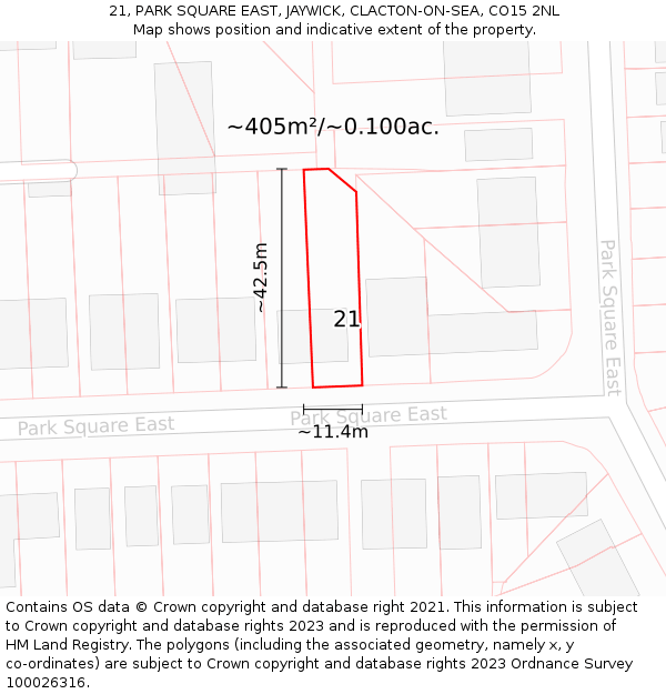 21, PARK SQUARE EAST, JAYWICK, CLACTON-ON-SEA, CO15 2NL: Plot and title map