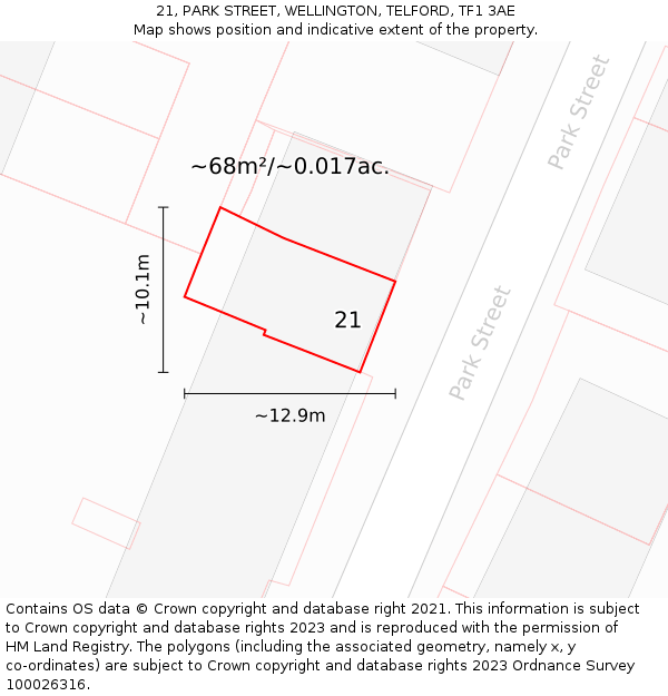 21, PARK STREET, WELLINGTON, TELFORD, TF1 3AE: Plot and title map