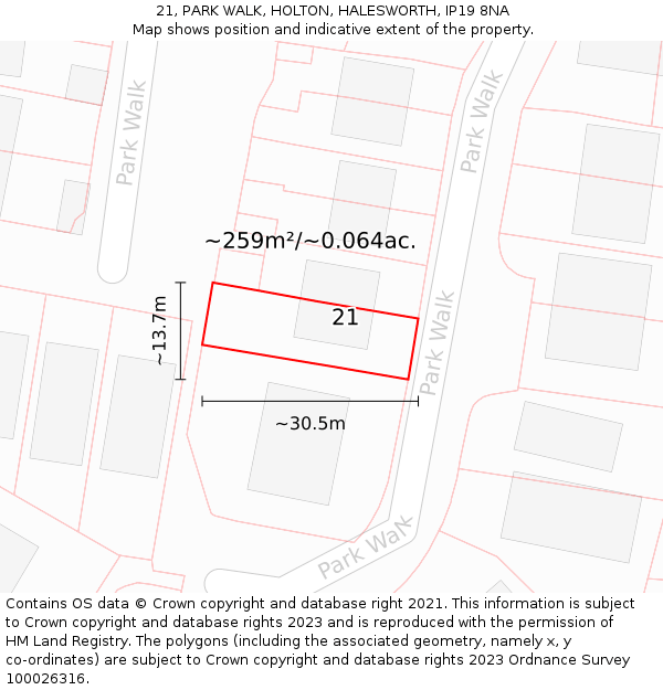 21, PARK WALK, HOLTON, HALESWORTH, IP19 8NA: Plot and title map