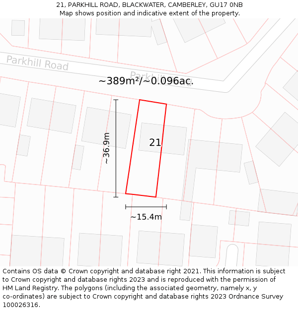 21, PARKHILL ROAD, BLACKWATER, CAMBERLEY, GU17 0NB: Plot and title map