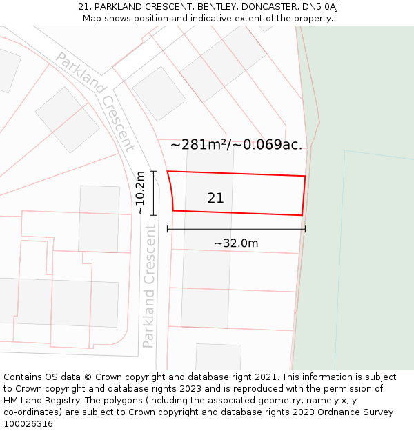 21, PARKLAND CRESCENT, BENTLEY, DONCASTER, DN5 0AJ: Plot and title map