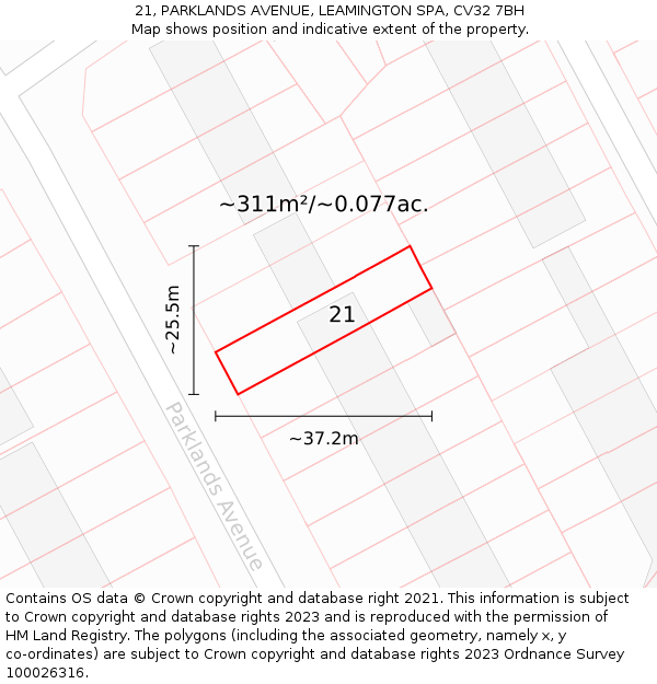 21, PARKLANDS AVENUE, LEAMINGTON SPA, CV32 7BH: Plot and title map