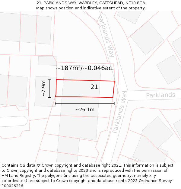 21, PARKLANDS WAY, WARDLEY, GATESHEAD, NE10 8GA: Plot and title map