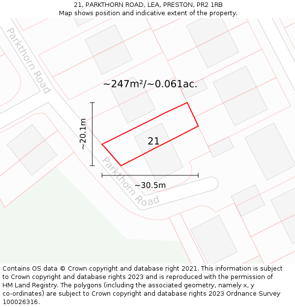 21, PARKTHORN ROAD, LEA, PRESTON, PR2 1RB: Plot and title map