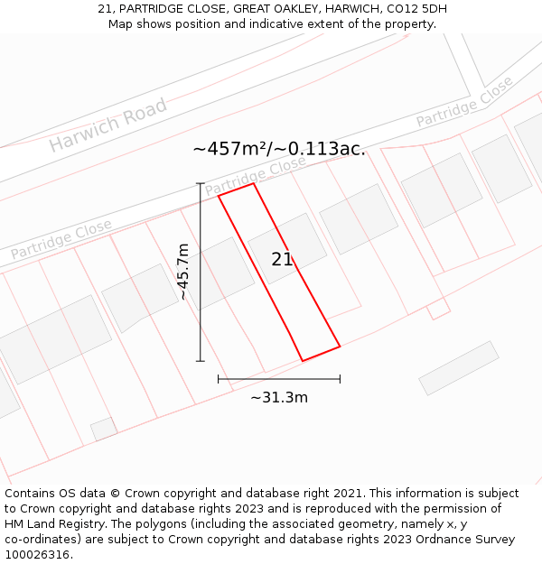 21, PARTRIDGE CLOSE, GREAT OAKLEY, HARWICH, CO12 5DH: Plot and title map