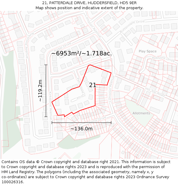 21, PATTERDALE DRIVE, HUDDERSFIELD, HD5 9ER: Plot and title map