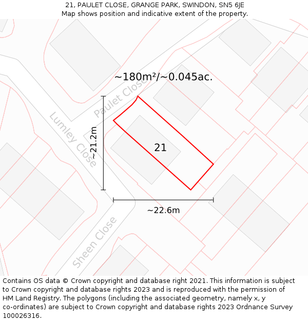 21, PAULET CLOSE, GRANGE PARK, SWINDON, SN5 6JE: Plot and title map