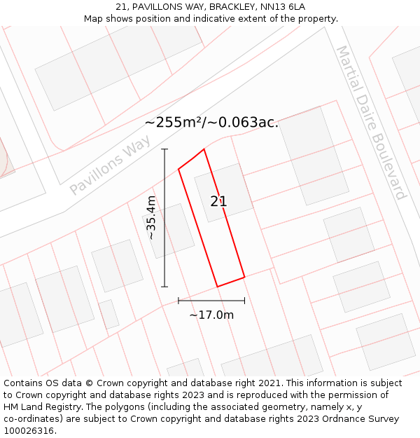 21, PAVILLONS WAY, BRACKLEY, NN13 6LA: Plot and title map