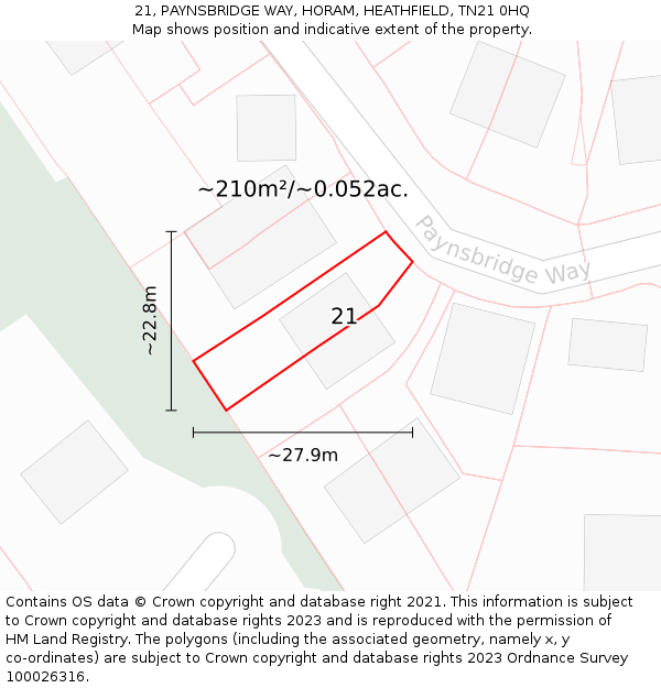 21, PAYNSBRIDGE WAY, HORAM, HEATHFIELD, TN21 0HQ: Plot and title map