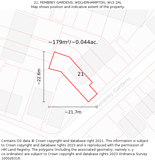 21, PEMBREY GARDENS, WOLVERHAMPTON, WV2 2AL: Plot and title map