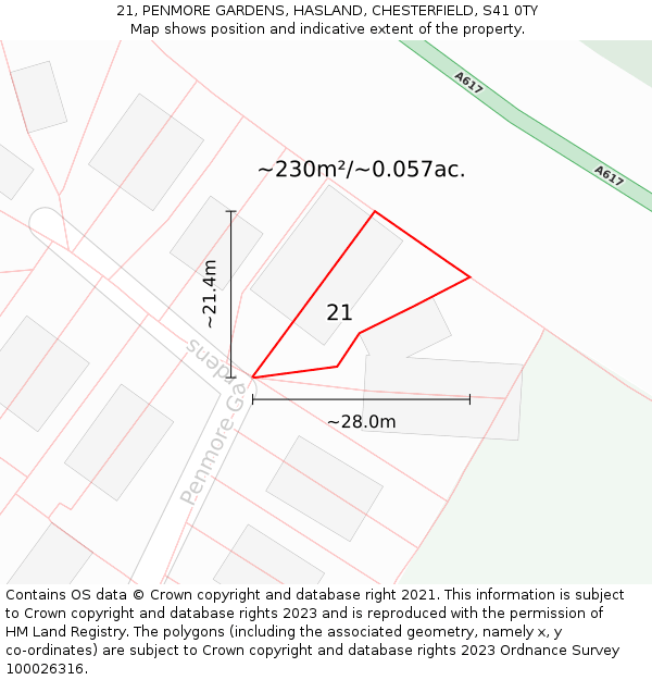 21, PENMORE GARDENS, HASLAND, CHESTERFIELD, S41 0TY: Plot and title map