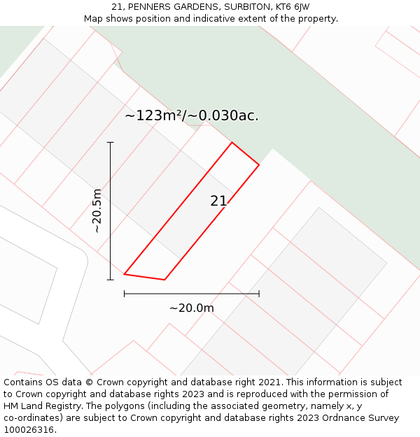 21, PENNERS GARDENS, SURBITON, KT6 6JW: Plot and title map