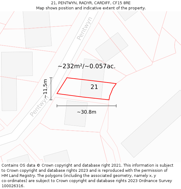 21, PENTWYN, RADYR, CARDIFF, CF15 8RE: Plot and title map