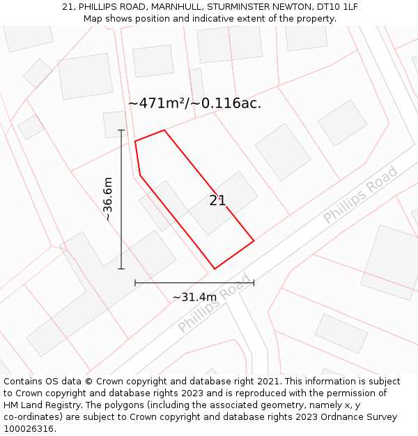 21, PHILLIPS ROAD, MARNHULL, STURMINSTER NEWTON, DT10 1LF: Plot and title map