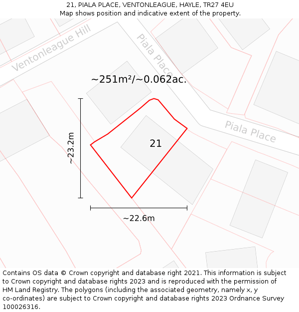 21, PIALA PLACE, VENTONLEAGUE, HAYLE, TR27 4EU: Plot and title map