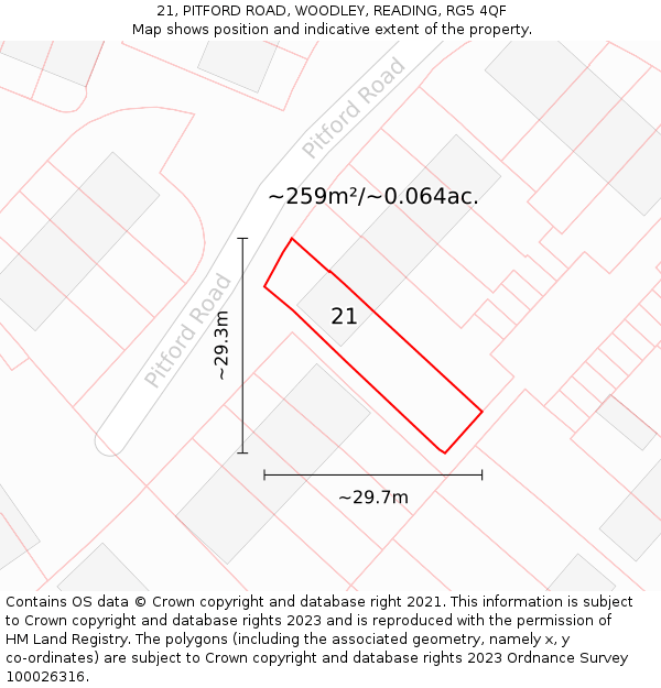 21, PITFORD ROAD, WOODLEY, READING, RG5 4QF: Plot and title map