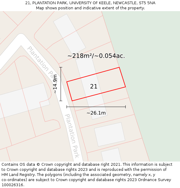 21, PLANTATION PARK, UNIVERSITY OF KEELE, NEWCASTLE, ST5 5NA: Plot and title map