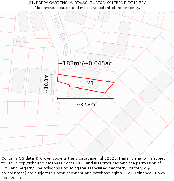 21, POPPY GARDENS, ALREWAS, BURTON-ON-TRENT, DE13 7EY: Plot and title map