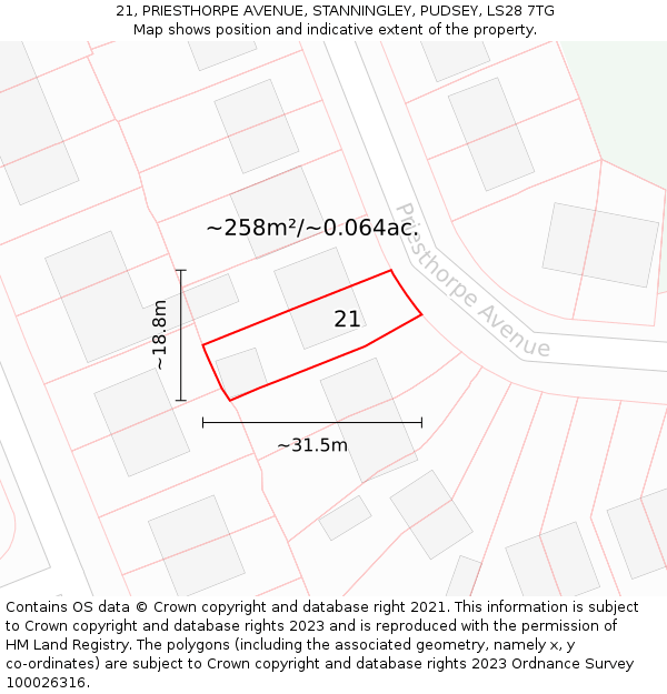 21, PRIESTHORPE AVENUE, STANNINGLEY, PUDSEY, LS28 7TG: Plot and title map