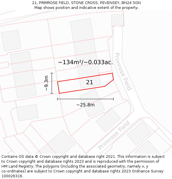 21, PRIMROSE FIELD, STONE CROSS, PEVENSEY, BN24 5GN: Plot and title map