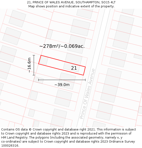 21, PRINCE OF WALES AVENUE, SOUTHAMPTON, SO15 4LT: Plot and title map