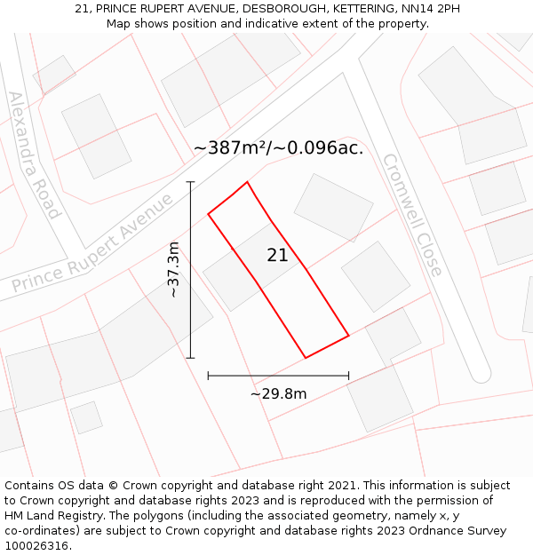 21, PRINCE RUPERT AVENUE, DESBOROUGH, KETTERING, NN14 2PH: Plot and title map