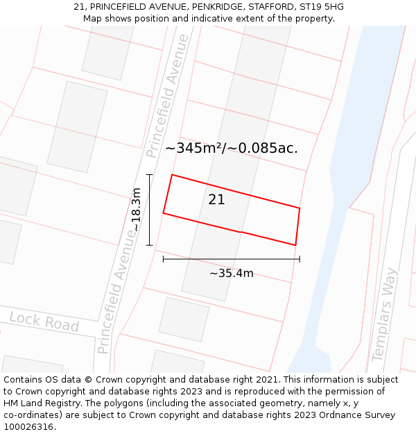 21, PRINCEFIELD AVENUE, PENKRIDGE, STAFFORD, ST19 5HG: Plot and title map