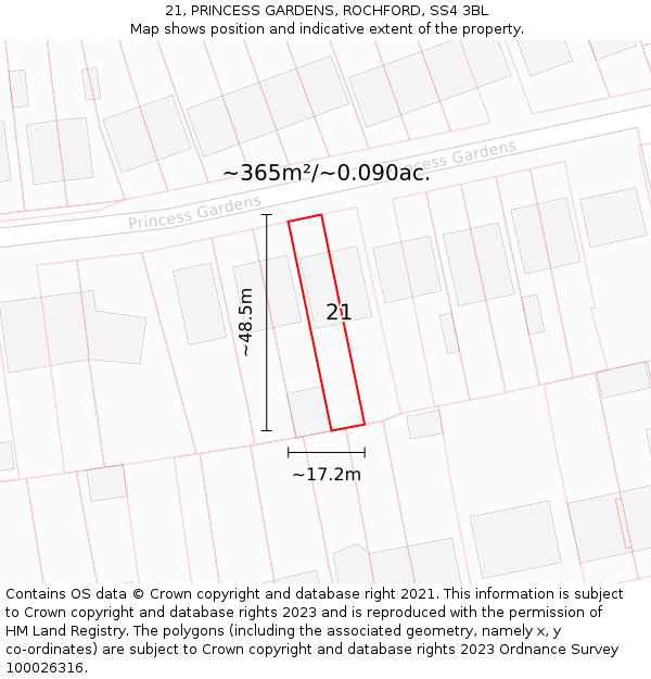 21, PRINCESS GARDENS, ROCHFORD, SS4 3BL: Plot and title map