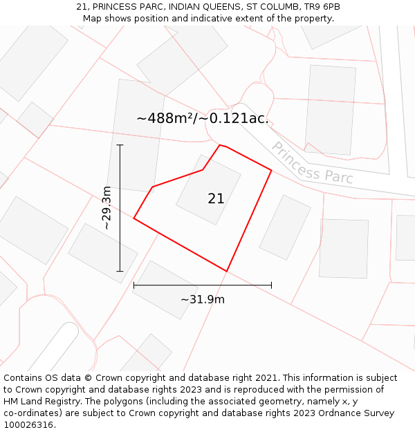 21, PRINCESS PARC, INDIAN QUEENS, ST COLUMB, TR9 6PB: Plot and title map