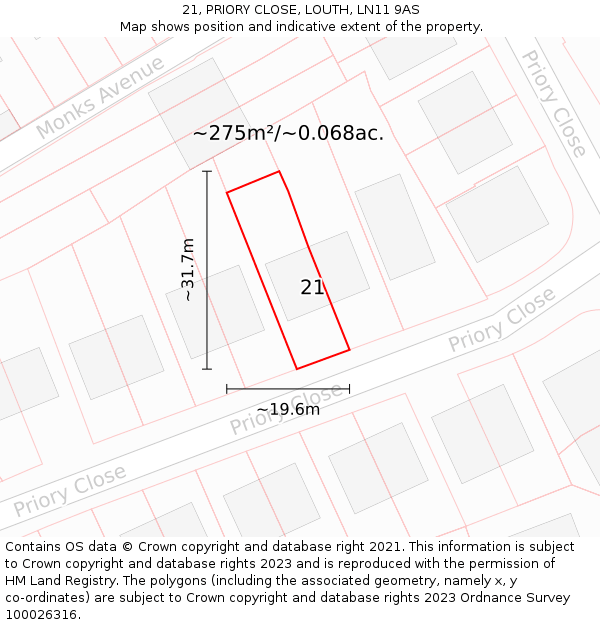 21, PRIORY CLOSE, LOUTH, LN11 9AS: Plot and title map