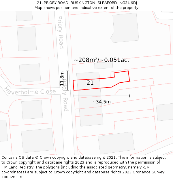 21, PRIORY ROAD, RUSKINGTON, SLEAFORD, NG34 9DJ: Plot and title map