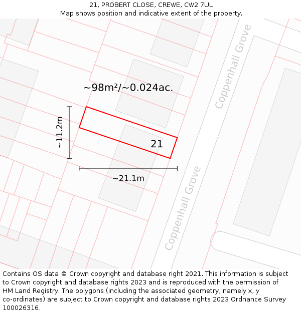 21, PROBERT CLOSE, CREWE, CW2 7UL: Plot and title map