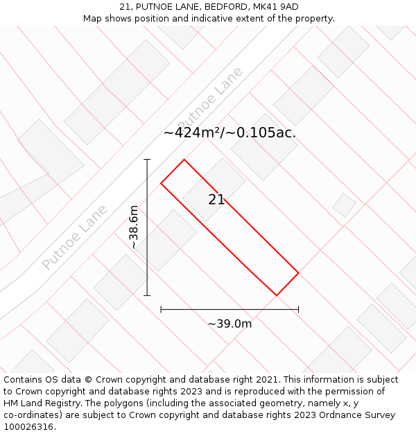 21, PUTNOE LANE, BEDFORD, MK41 9AD: Plot and title map