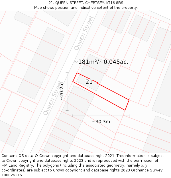 21, QUEEN STREET, CHERTSEY, KT16 8BS: Plot and title map