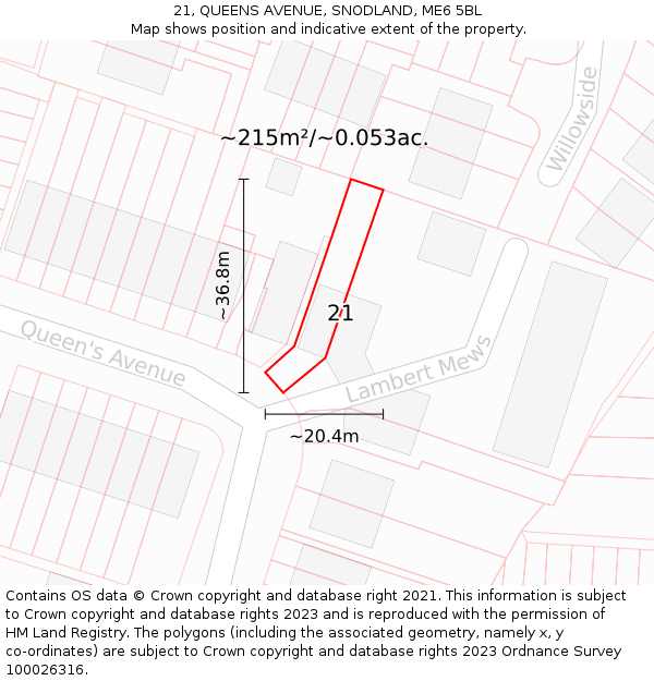 21, QUEENS AVENUE, SNODLAND, ME6 5BL: Plot and title map