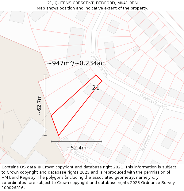 21, QUEENS CRESCENT, BEDFORD, MK41 9BN: Plot and title map