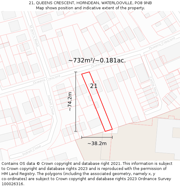 21, QUEENS CRESCENT, HORNDEAN, WATERLOOVILLE, PO8 9NB: Plot and title map