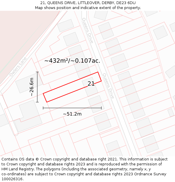 21, QUEENS DRIVE, LITTLEOVER, DERBY, DE23 6DU: Plot and title map