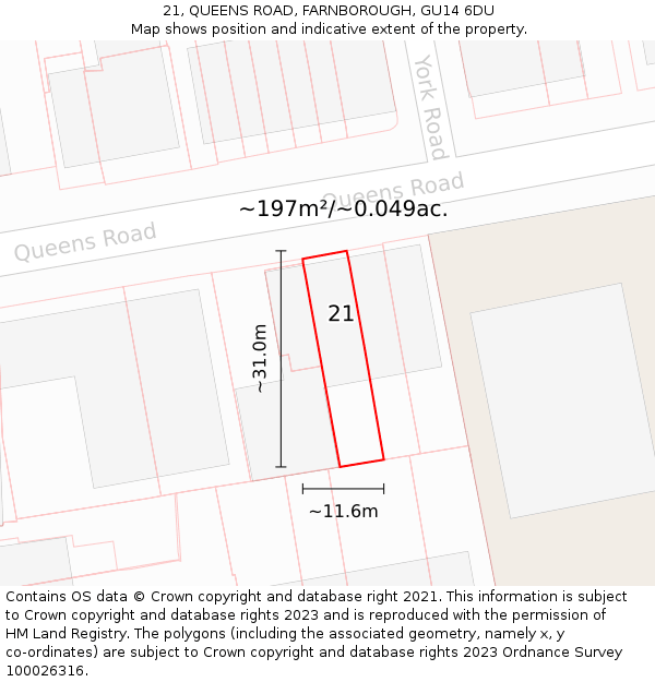 21, QUEENS ROAD, FARNBOROUGH, GU14 6DU: Plot and title map